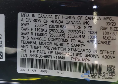 2023 Honda Cr-V Hybrid Sport z USA, uszkodzony, nr VIN 2HKRS5H56PH711648